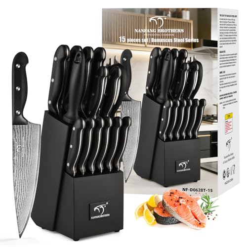 15 Piece Damascus Kitchen Knife Set with Compact Block (Black/Black / 15 Pieces)