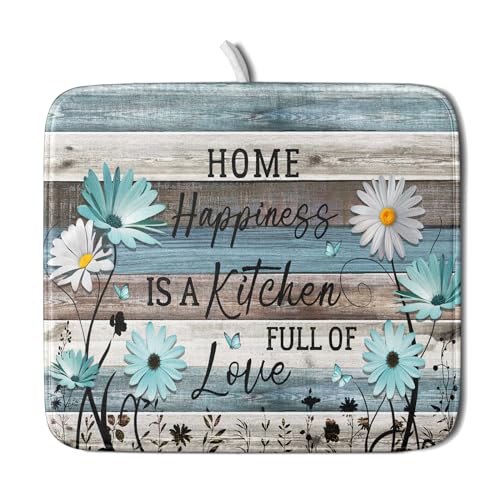 Daisy Floral Dish Drying Mat 16x18 Inches Rustic Wood Microfiber Absorbent Reversible Dish Draining Pad Fast Dry Kitchen Accessories (Home Happiness Wood / 16" x 18")