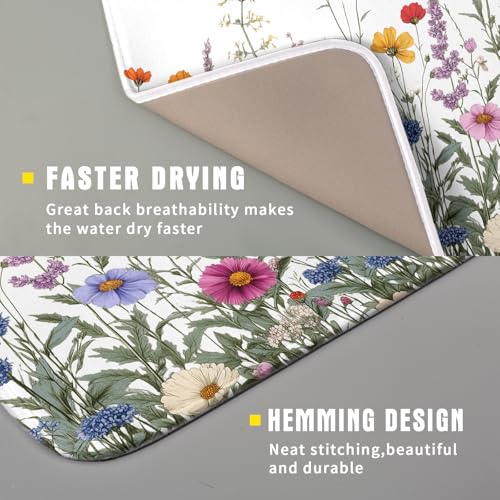 Flower Herbs Dish Drying Mat Botanical Plant Dishes Drainer Mat 16x18 inch Reversible Microfiber Drying Dish Pad for Kitchen Counter Decor (Flower Herbs Plant / 16" x 18")