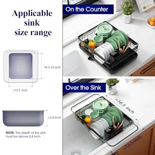 Dish Drying Rack for Kitchen Counter (Black / 12.2''W x 15.7''~23''L - 1 Tier)