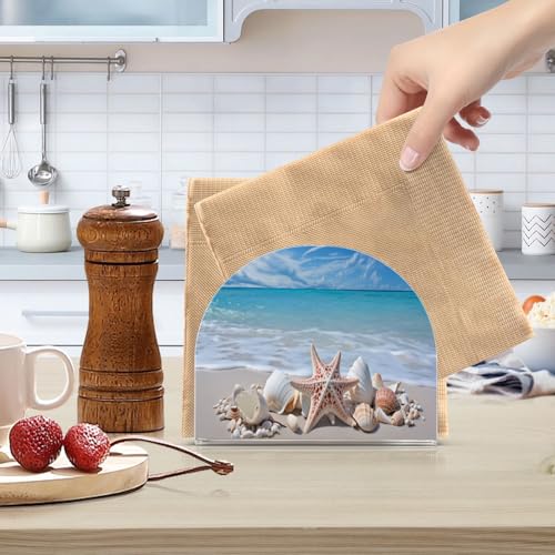 Starfishes Beach Seashells Napkin Holder for Table Paper Napkins Holder Acrylic Tissue Dispenser Kitchen Dining Room Bathroom Party Car Decor (NH071 / 4.1x4.9x1.97in)