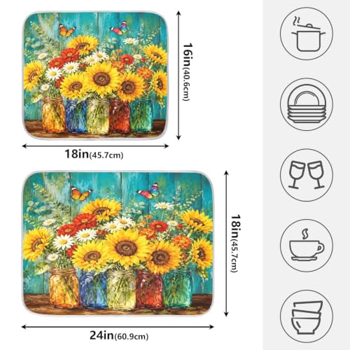 Spring Summer Floral Jar Dish Drying Mat for Kitchen Counter Absorbent Microfiber Large Drying Pad Dish mats for Kitchen Countertops 18 x 24 Inch (Spring Summer Floral Jar / 24" x 18")