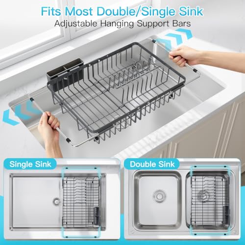 Gray Dish Drying Rack Over the Sink with Utensil Holder (Dark Gray / For 12.5"-30"w Sink, Expandable)