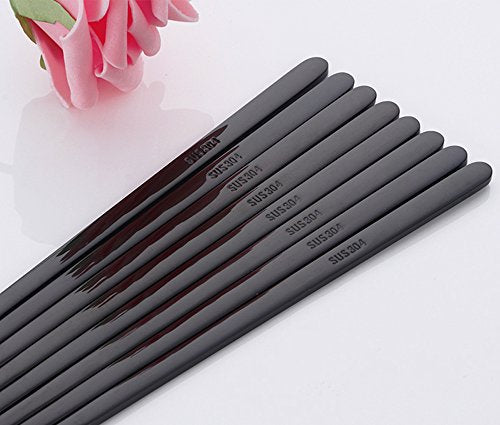 5 Pairs Black Flat Reusable Metal Chopsticks (Black-flat Chopstick)