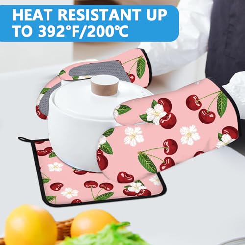 Cherry Oven Mitts and Pot Holders Sets Heat Resistant 4Pcs White Flower Potholders Oven Gloves Hot Pads for Kitchen Baking Cooking Grilling BBQ (Cherry Flower)