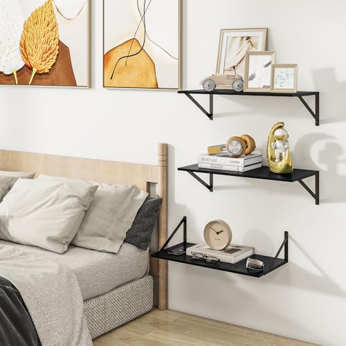 24W x 12D Deep Floating Shelves Set of 3 Black (Black With Black Metal Bracket / 24wx12dx5.8h)