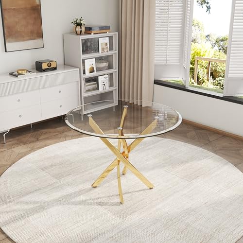 5 Piece Round Glass Dining Table Set (Round Table - 4 Gold Grey Chairs)
