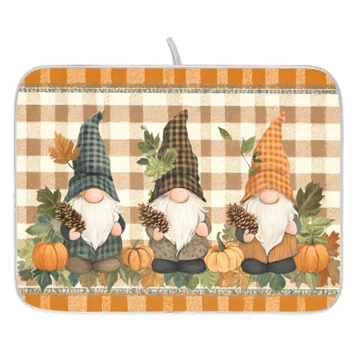 Fall Pumpkin Gnomes Maple Leaves Autumn2 Dish Drying Mat for Kitchen Counter Absorbent Microfiber Small Drying Pad Dish Mats for Kitchen Countertops 16 x 18 Inch (18" x 16")
