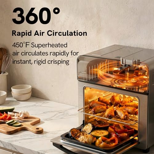 6-in-1 Retro Air Fryer Toaster Oven Combo, Compact 12.7 QT Small Countertop Convection Oven, Fits 9" Pizza & 4 Toast, Hexagon Hybrid Heating, Enamel Baking Pan Included, Almond Yellow Color (12.7-QT Almond Yellow Color)