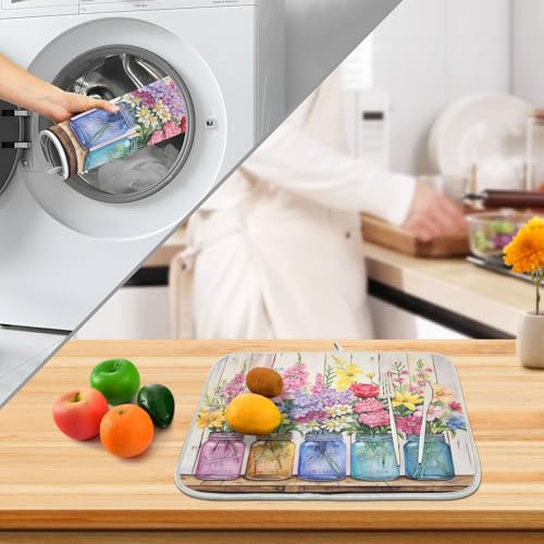 Spring Floral Jars Rustic Dish Drying Mat for Kitchen Counter Absorbent Microfiber Large Drying Pad Flowers Dish Mats for Kitchen Countertops 18 x 24 Inch (24" x 18")