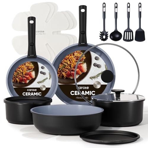 19pcs Ceramic Cookware Set Detachable Handle (Black/Gray / 19 Piece)