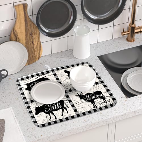 Farmhouse Animal Dish Drying Mat Buffalo Plaid Drainer Rack Mats Fast Dry Absorbent Kitchen Countertop Protector Dishes Pad 16x18 Inch (farmhouse animal / 16" x 18")