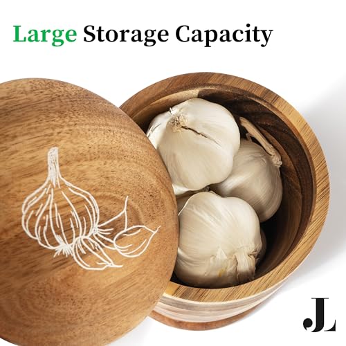 The Garlic Shack Acacia Garlic Keeper For Counter With Lid. Large 5.6 Inch