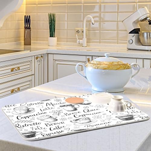 Coffee Cups Print Dish Drying Mat for Kitchen Counter Absorbent Microfiber Drying Pad (16" x 18")