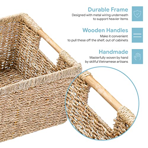 Large Wicker Storage Basket with Wooden Handles (Seagrass / Large (14.5"L x 10.3"W x 7.5"H))