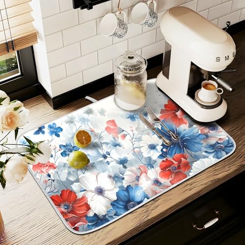 4th of July Patriotic Blue Red White Flowers Dish Drying Mat for Kitchen Ccounter Absorbent Microfiber Small Independence Day Drying Pad Dish Mats for Kitchen Countertops 16 x 18 Inch (18" x 16")