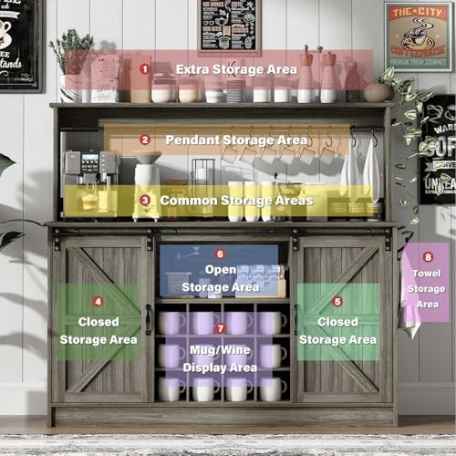 55" Farmhouse Coffee Bar Cabinet with Storage Hutch (55Inch / Grey)