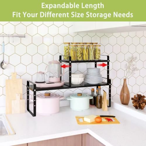 Expandable Cabinet Shelf Organizer Rack (10.24''D*16.14-25.59''W*10.24''H / Black-2 Pack)