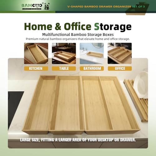 Large Long V Shaped Bamboo Drawer Organizer Set of 3 (Bamboo (V-Shaped 3 Piece Set) / 19.6" L x 25.9" W x 2.1" H)
