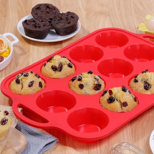Silicone Muffin Pan with Metal Reinforced Frame Regular Size Muffin Pan with Handle Easy to Move 12 Cups for Baking Nonstick Muffin Tin BPA Free 1 Pack Red (Metal Framed: 12-Cup Regular)