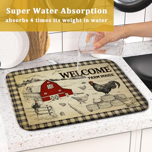 Farmhouse Rooster Dish Drying Mat 16x18 Inch Country Chicken Absorbent Dish Drainer Mat Reversible Countertops Protector Pad Kitchen Accessories (Farmhouse Rooster / 16" x 18")