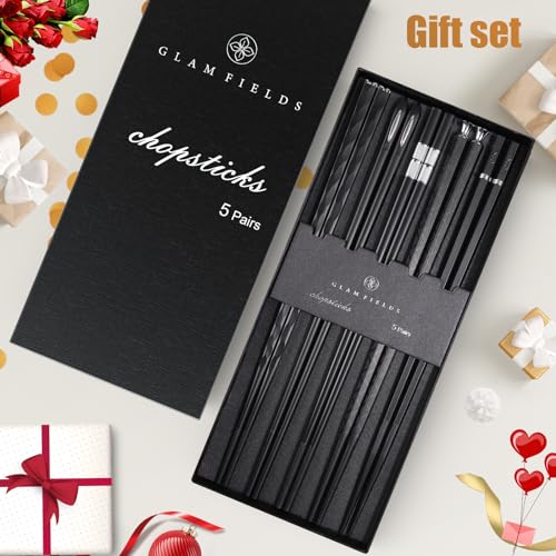5 Pairs Premium Chopsticks Reusable Dishwasher Safe 9.5 Inch Fiberglass Chop Sticks Gift Set Non Slip Black + Silver (Black + Silver)