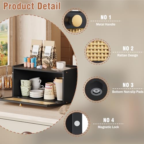Rattan Bamboo Bread Box for Kitchen Counter Large Capacity Bread Storage Bin Farmhouse Bread Storage Container Rustic Bread Holder (Black)