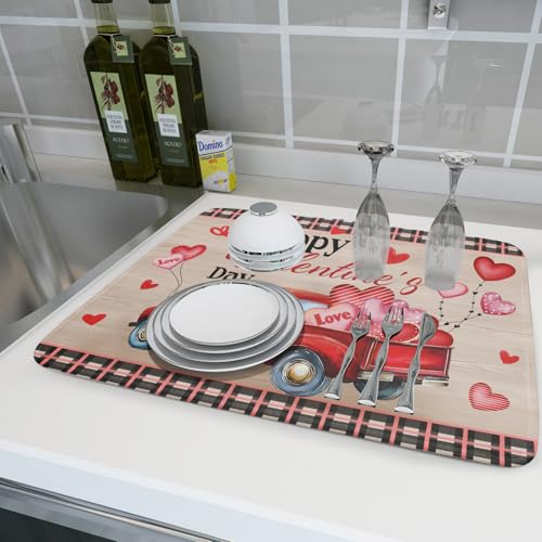Valentine's Day Truck Dish Drying Mat 18x24 inch Love Heart Washable Absorbent Dishes Pad Dish Drainer Mat for Kitchen Counter Sink Coffee (Love Heart Truck / 18" x 24")