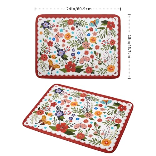Large Microfiber Dish Drying Mat Red Floral Absorbent Drying Pad for Kitchen Counter (Light Flowers Red / 24" x 18")