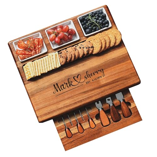 Large Acacia Wood Charcuterie Board Set with 3 Removable Ceramic Bowls & Serving Utensils (16" x 12" x 1.5")