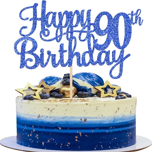 1 PCS Happy 90th Birthday Cake Topper Glitter Cheers to 90 Years Birthday Cake Pick Ninety 90 Fabulous Cake Decoration for Happy 90th Birthday Theme Party Decorations Supplies Blue (Blue / 90th)