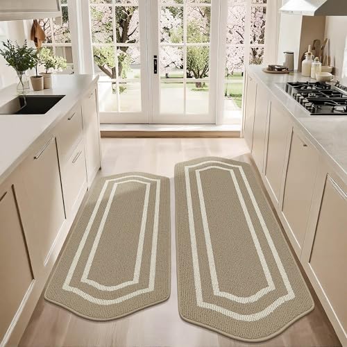 Kitchen Rugs Set of 2PCS Non Slip Kitchen Mats for Floor (Beige / 24"x 48 "+ 24"x 59 ")