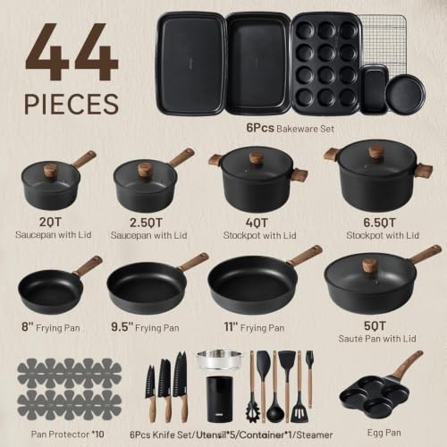 44pcs Pots and Pans (Black / 44 pieces)