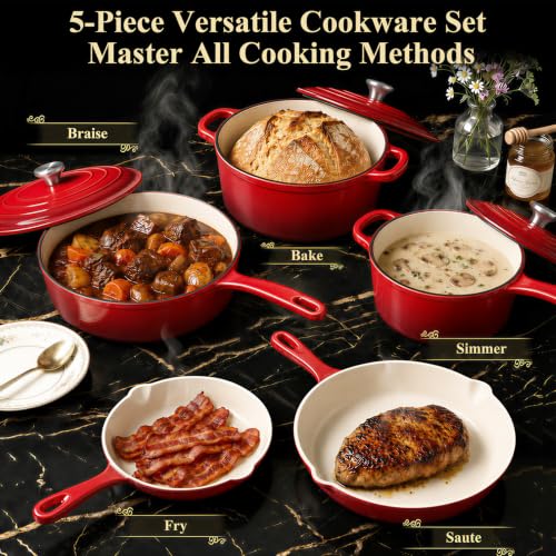 5 Piece Red Enameled Cast Iron Pots and Pans Set (Red C)