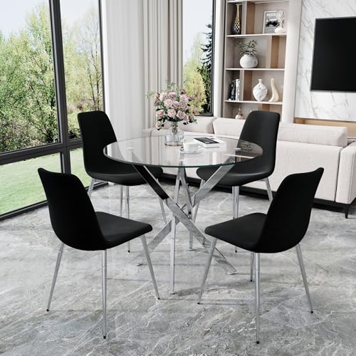 36" Round Glass Dining Table Set for 4 (Silver Round Table/Black Velvet Chairs / 5 Pieces)