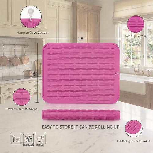 Silicone Dish Drying Mat for Multiple Usage (Rose / 18"L x 16"W)