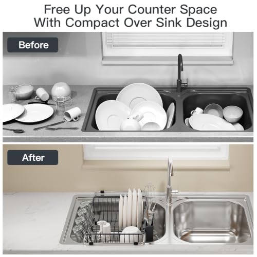 Grey Expandable Dish Drying Rack Over Sink with Extra Drainboard (Gray / For 11.5"-16" W Sink with Cup Holder & Drainboard)