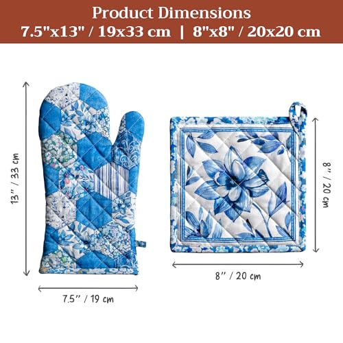 100% Cotton Oven Mitt & Pot Holder Set (028 - Summer Blues / 7.5" x 13" & 8" x 8" (Oven Mitt & Pot Holder))