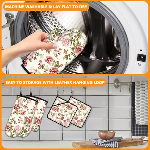 Red Rose Oven Mitts and Pot Holders Sets 4Pcs (Red Rose)