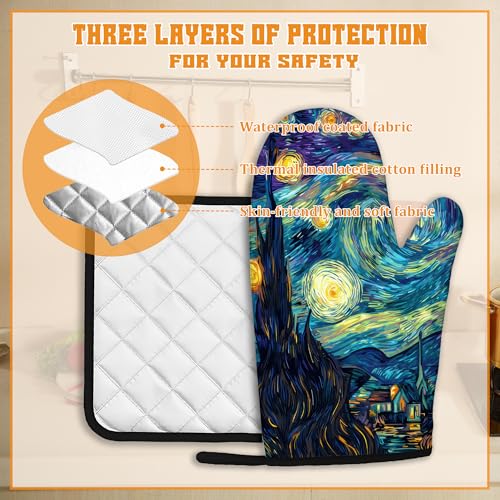Starry Night Moon Oven Mitts and Pot Holders Set (4 Count)