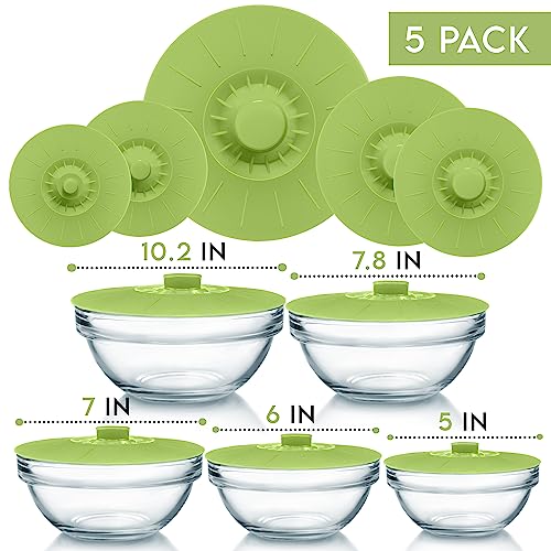 Silicone Bowl Lids Green Set of 5 Reusable Suction Seal Covers for Bowls (5 Piece / Green)