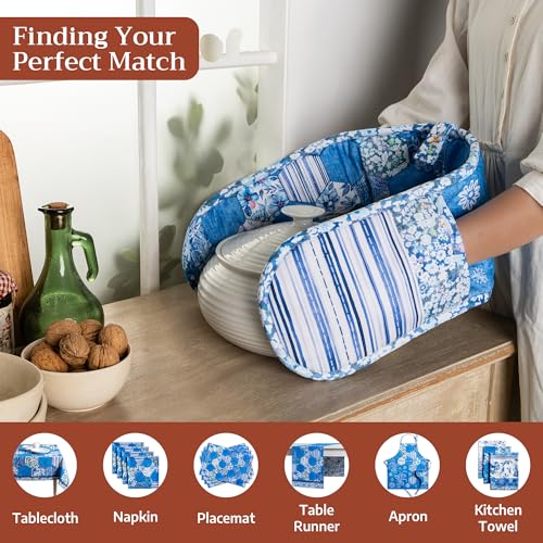 Double Oven Mitts 100% Cotton Double Oven Glove (028 - Summer Blues / 7" x 35" (Double Oven Mitt))