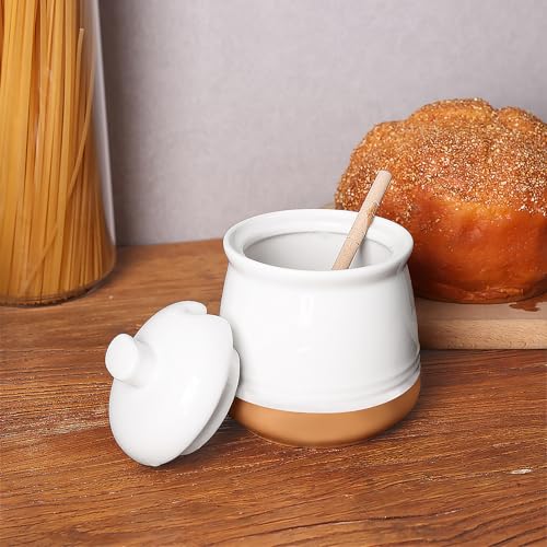 Honey jar with Lid and Wooden Dipper (White)