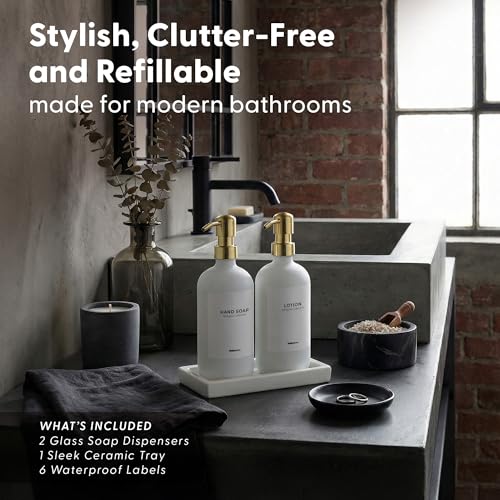 Bathroom Soap Dispenser Set (White Bottles Golden Pumps White Tray)