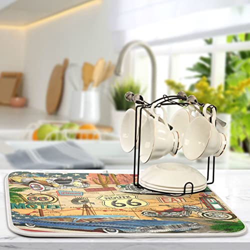 Super Absorbent Dish Drying Mat (Retro Route 66 Poster / 18" x 24")