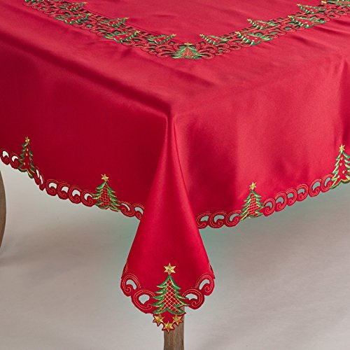 Holiday Embroidered Christmas Tree Cutwork Border 67 x 120 Inch Tablecloth (Red / 67"x120" Tablecloth)