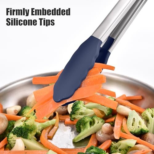 Kitchen Tongs with Silicone Tips for Cooking Serving (12in / Navy Blue)