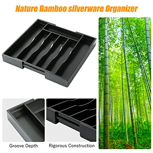 Black Silverware Organizer Kitchen Drawer Organizer Expandable Bamboo Utensil Holder Cutlery Tray for Kitchen Utensil and Flatware Bedroom Office