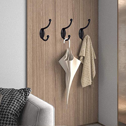 Wall Hooks 10Pcs Coat Hooks Hardware Towel Hooks for Hanging Coats Double No Rust Black Robe Hooks Wall Mounted with Screws for Key (10 Count)