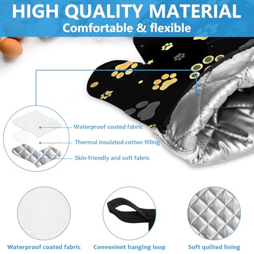 Gold Dog Paw Print Oven Mitts and Pot Holders Sets Heat Resistant 4Pcs Potholders Oven Gloves Hot Pads for Kitchen Baking Cooking Grilling BBQ (Gold Dog Paw Print)